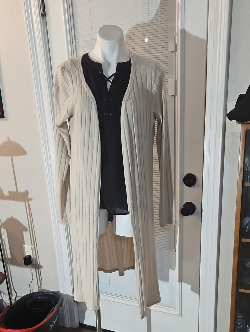 Rue21 Women's Long Beige Ribbed Open-Front Cardigan